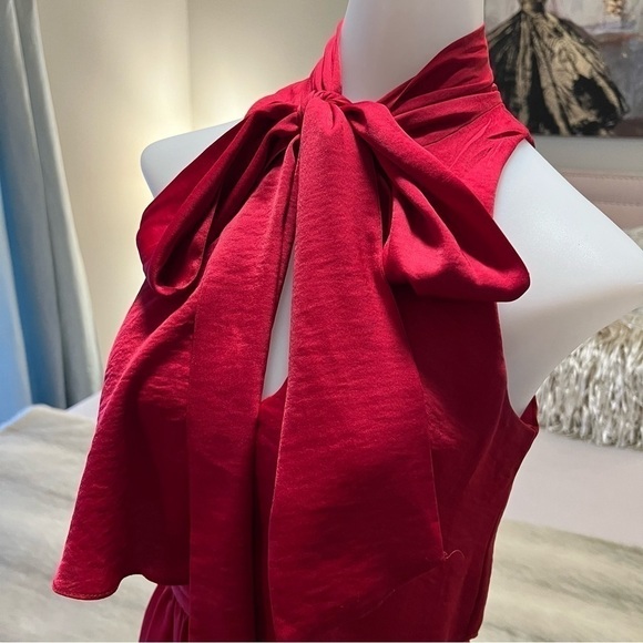 BCBGMAXAZRIA Red Celline XXS Sleeveless Pussycat Bow High Waist Peplum Blouse - Picture 5 of 14